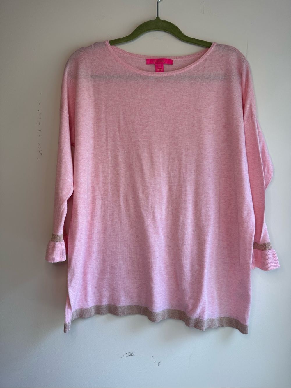 Lilly Pulitzer Pink Crewneck Sweater with Gold Sparkle Trim